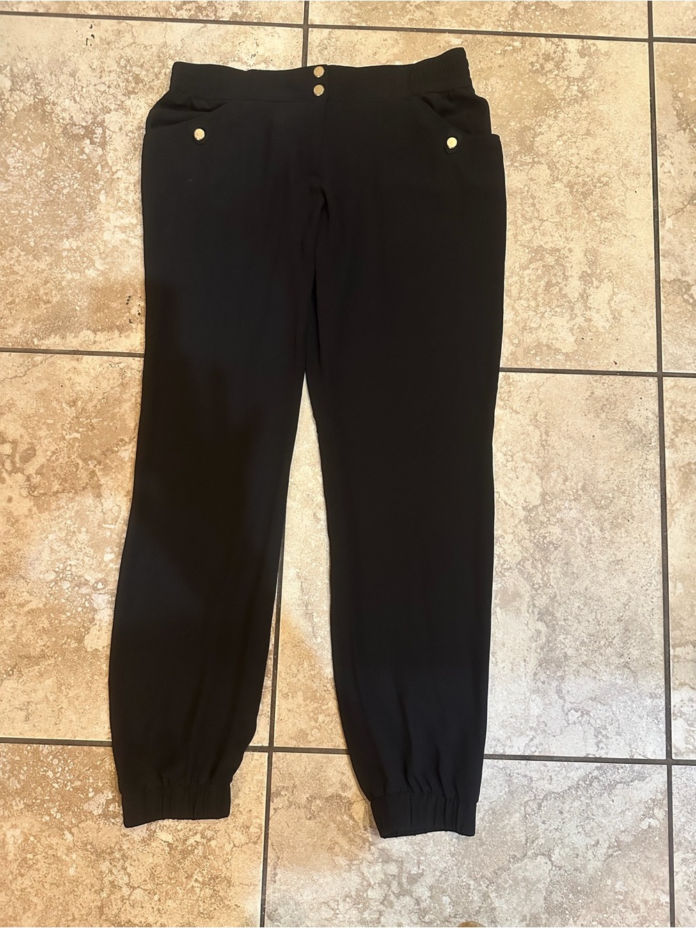 Cache Black Chiffon Lightweight Jogger Pants w/Gold-Tone Buttons & Zip Pockets